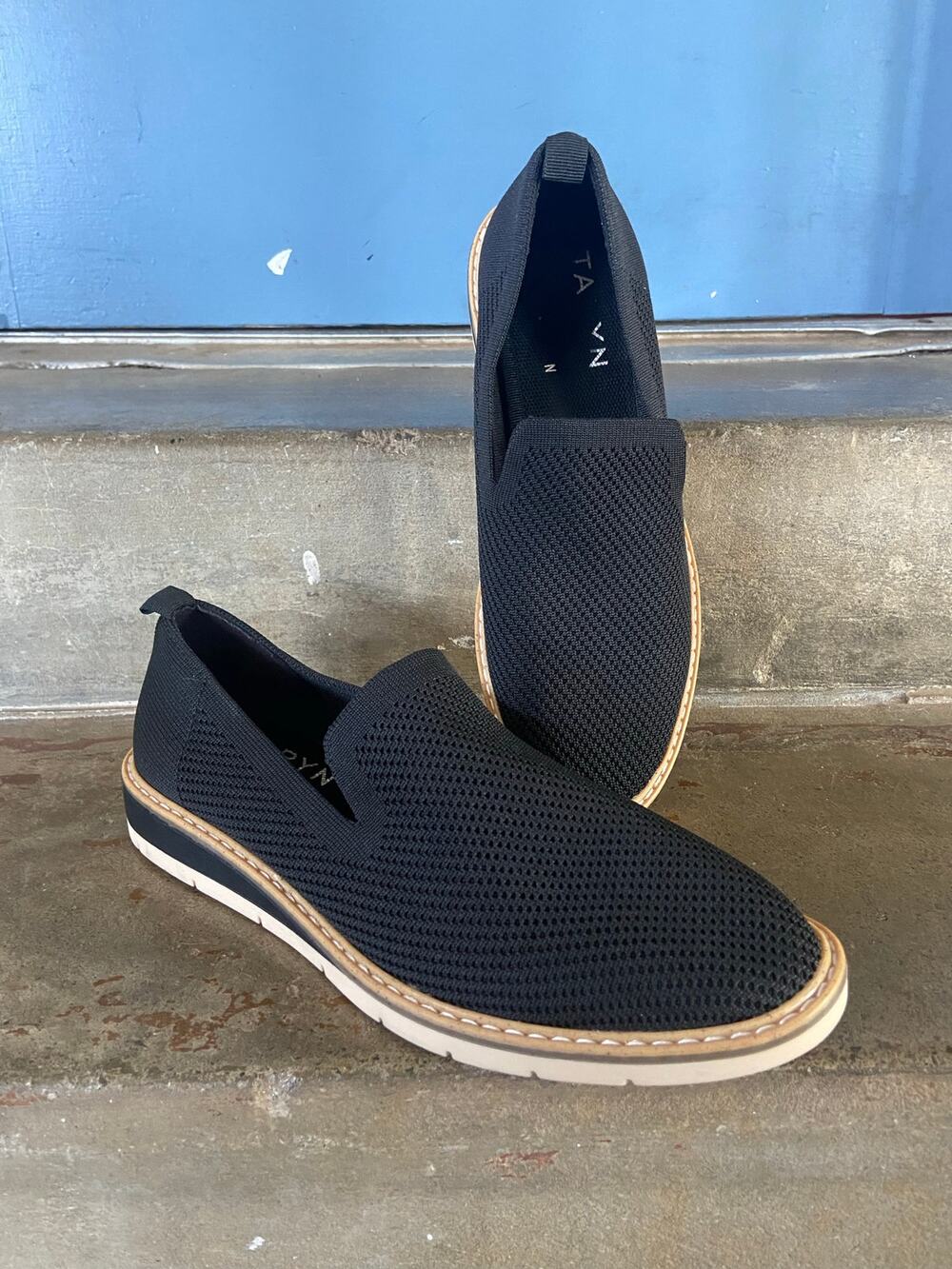 Taryn by Taryn Rose black knit upper low wedge heel loafer